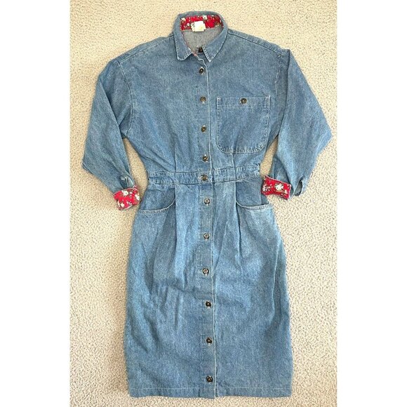 Vintage 80s Denim Shirtdress Sheath Button Front 100% Cotton Belt Loops - Picture 1 of 16